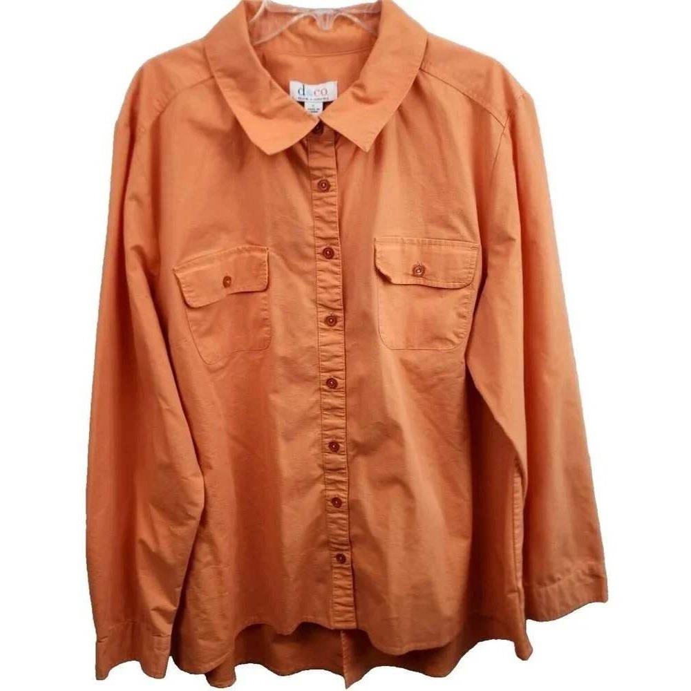 Denim & Co Button Up Shirt Womens Large Orange Long Sleeve Utility Minimalist